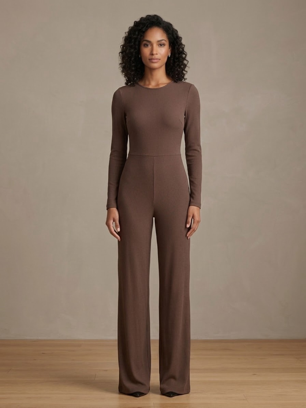 OQQ Long-Sleeve Brown Wide Leg Jumpsuit